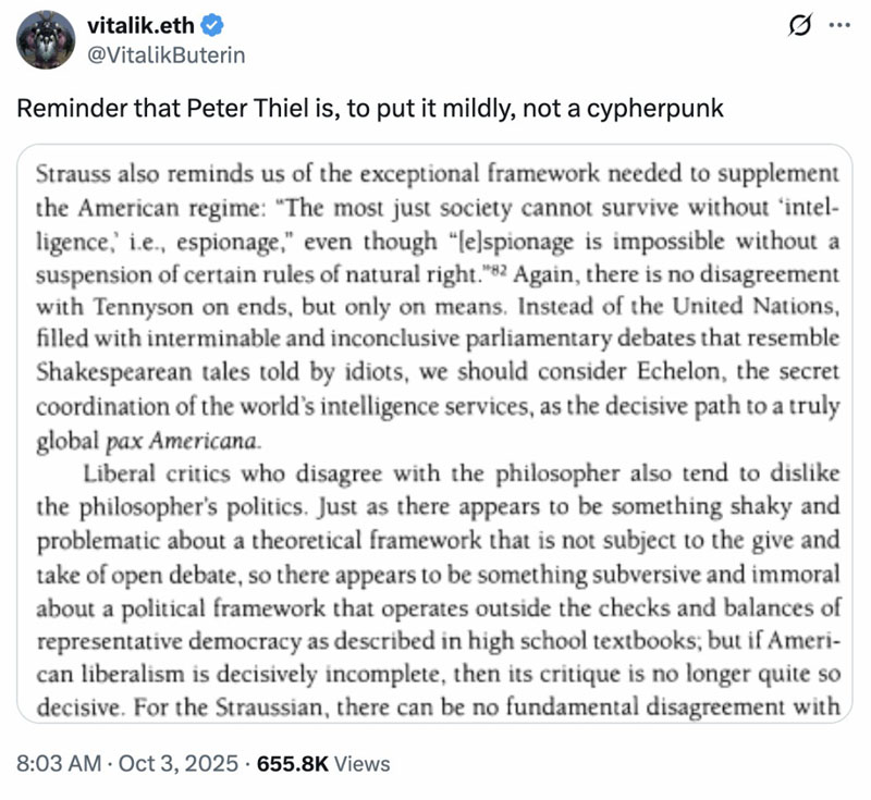 以太坊(ETH)联合创始人 V神 暗讽 Peter Thiel 背后是科技思想的派系之争