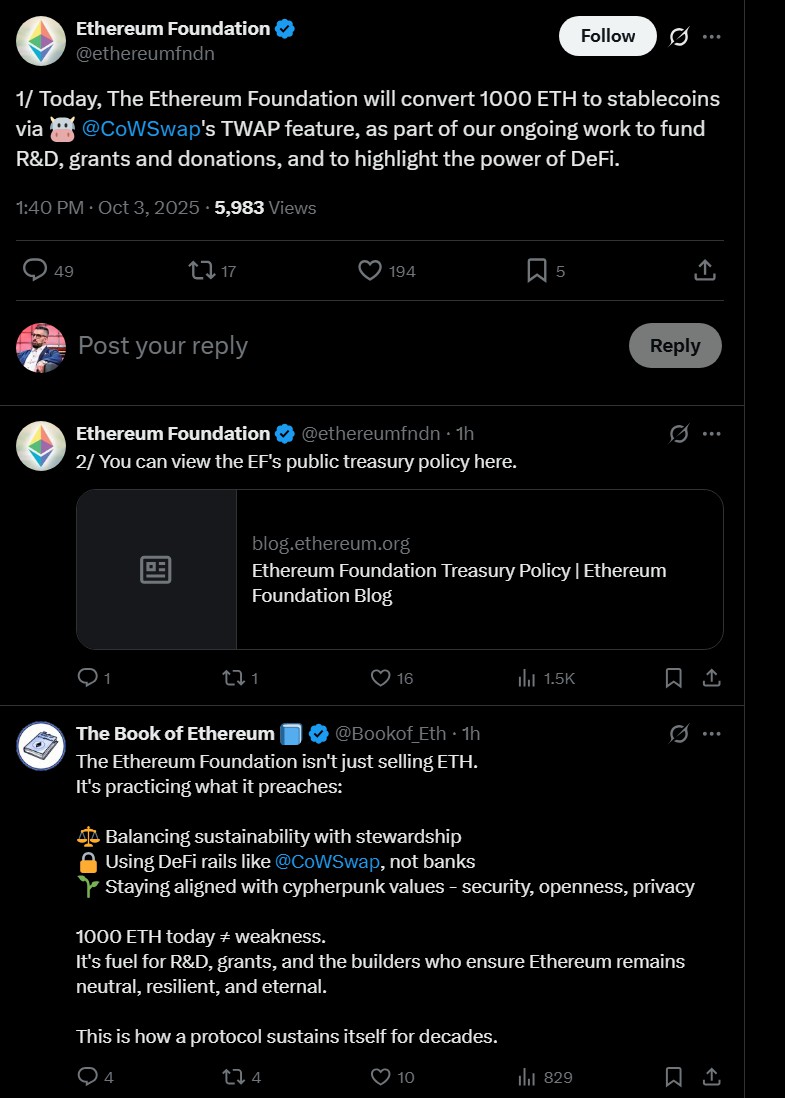 以太坊(ETH)基金会将1000枚ETH兑换为稳定币,用于研发和资助