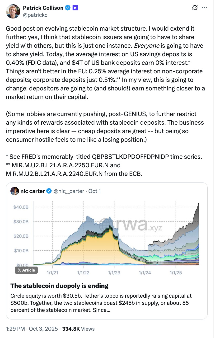 Stripe CEO(帕特里克·科里森)分析:稳定币将迫使“所有人”共享收益