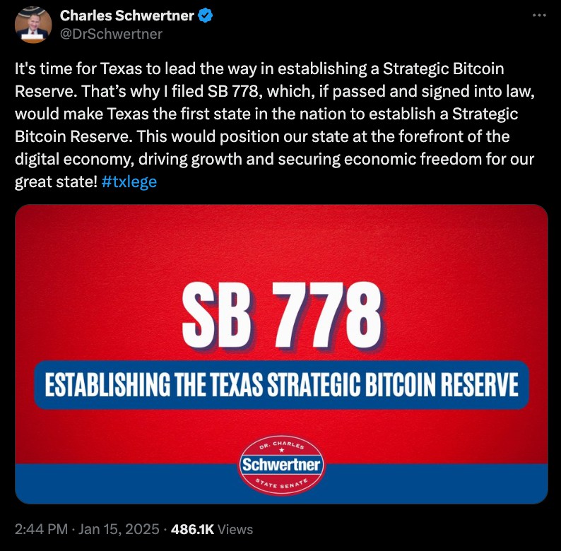 德克萨斯州加密货币储备法案发起人:以太坊(ETH)可能成为下一个储备资产