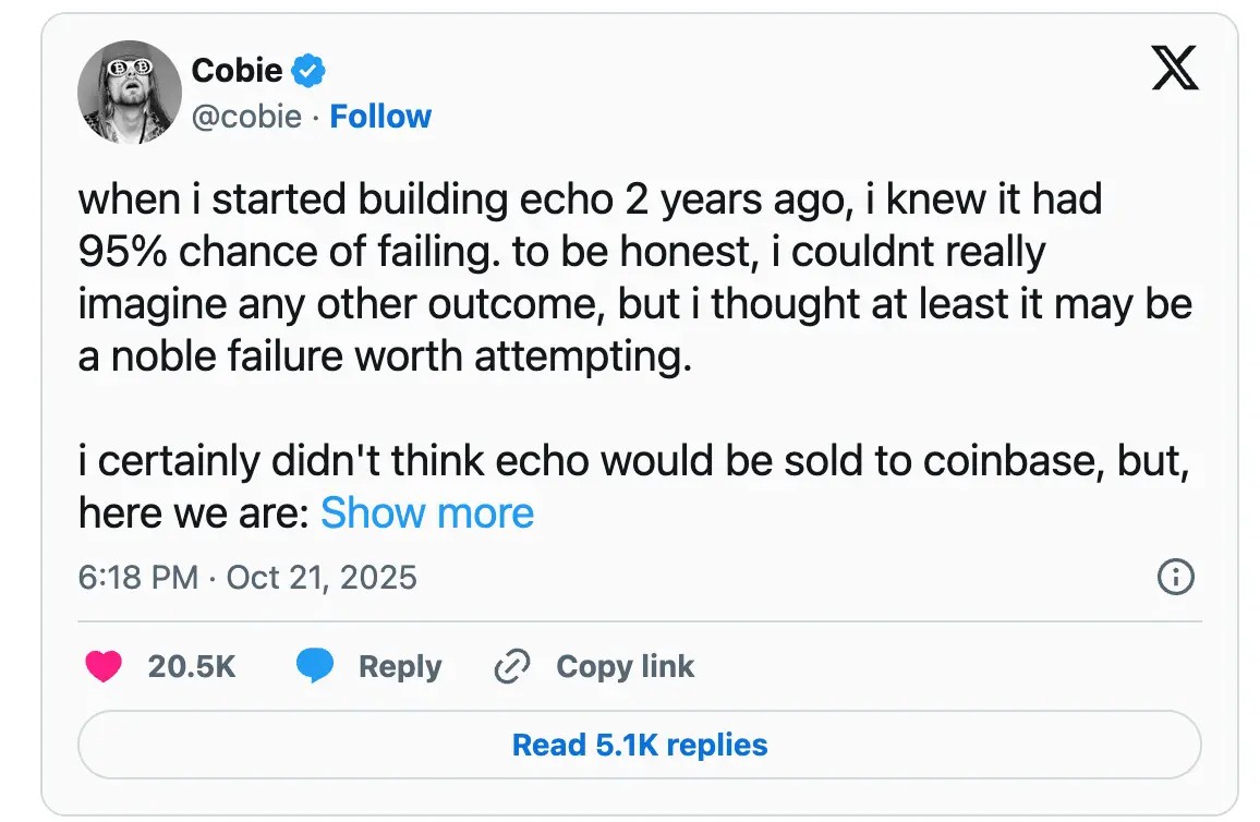 Coinbase收购Echo背后解读:Cobie从200美元入圈到名利双收的13年